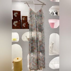 Vintage Blue Sheer Floral Maxi Nylon Lingerie Slip Dress with Lace Trim